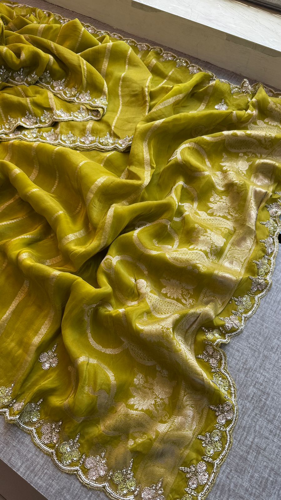 Kutdana Pearl And Sequins On Munga Silk Jacquard · 40 Artisan Hours of work · The Shringar Edit