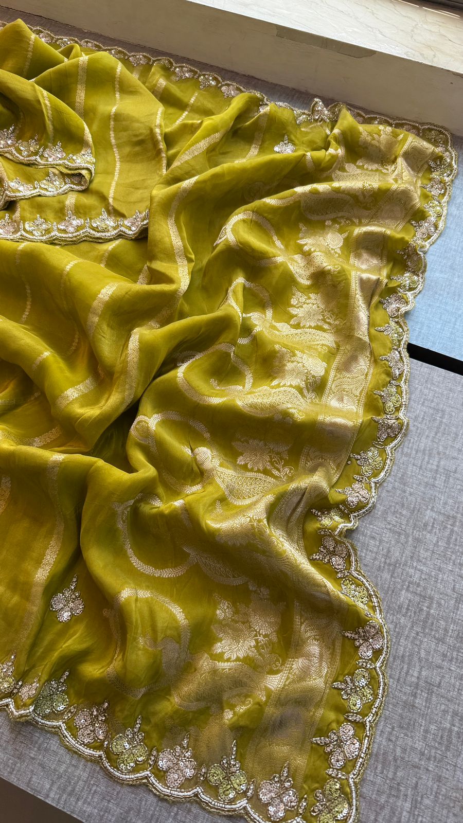 Kutdana Pearl And Sequins On Munga Silk Jacquard · 40 Artisan Hours of work · The Shringar Edit