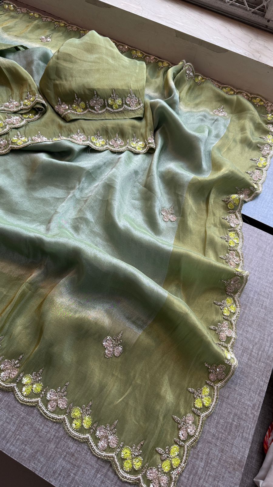 Kutdana Pearl And Sequins On Munga Silk Jacquard · 40 Artisan Hours of work · The Shringar Edit