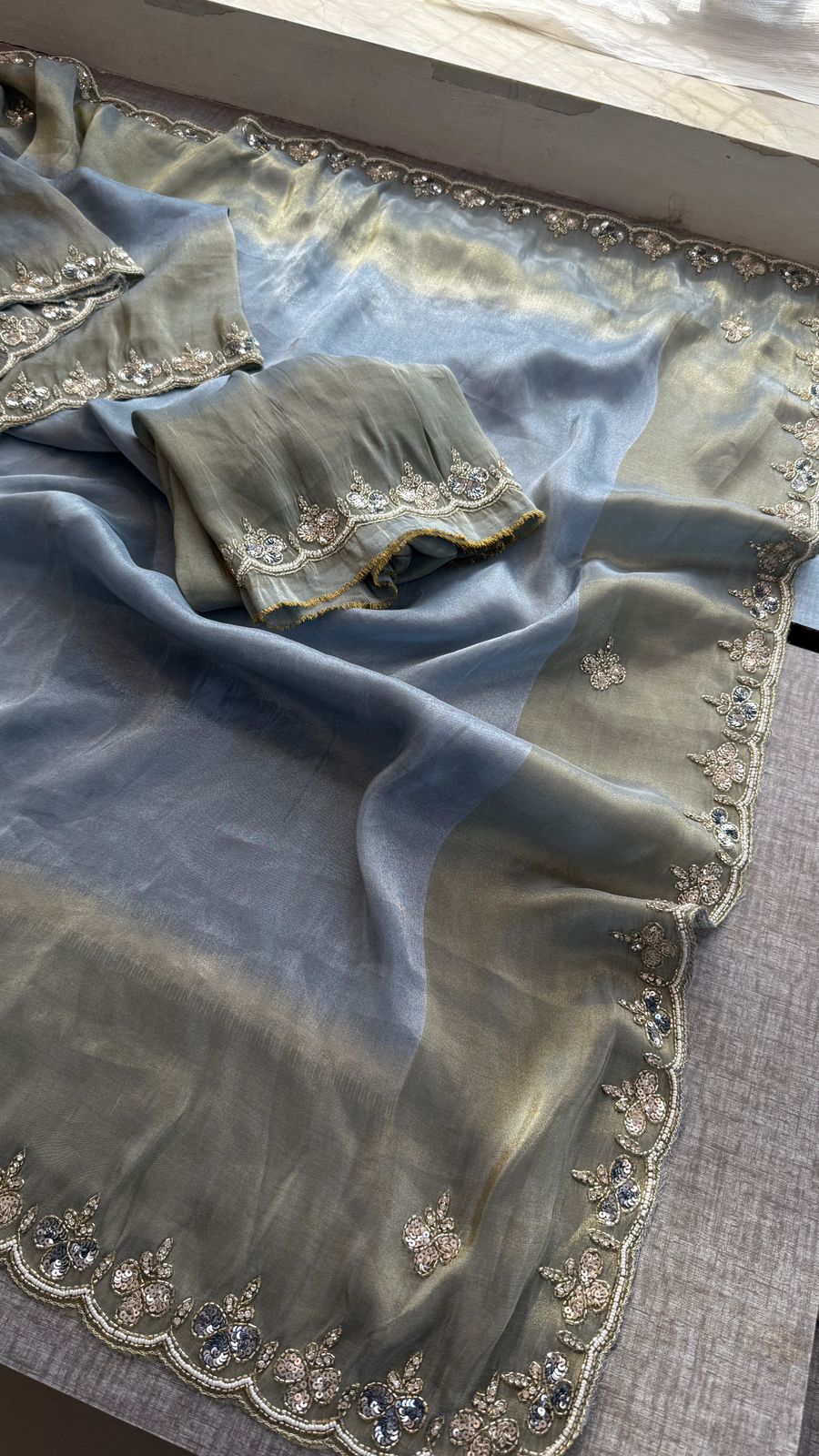Kutdana Pearl And Sequins On Munga Silk Jacquard · 40 Artisan Hours of work · The Shringar Edit