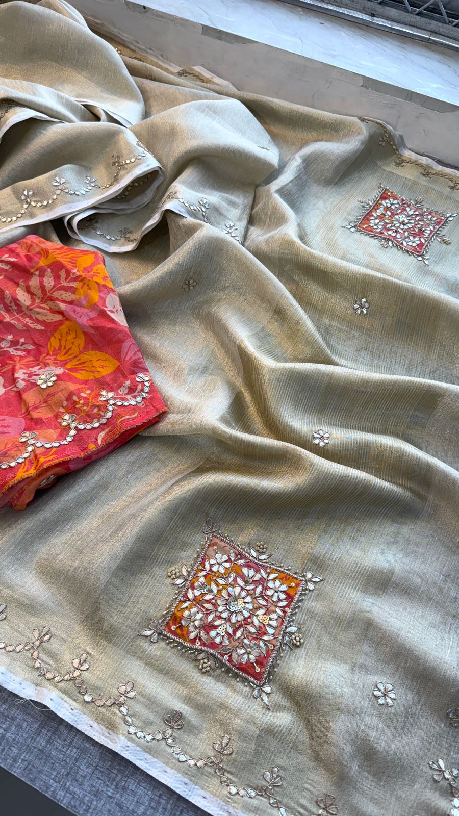 Gotta Patti Zardozi And Pearl On Tissue Linen Silk Banarasi · 60 Artisan Hours of work · The Virasat Edit