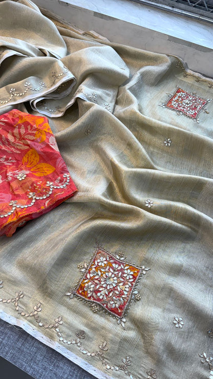 Gotta Patti Zardozi And Pearl On Tissue Linen Silk Banarasi · 60 Artisan Hours of work · The Virasat Edit