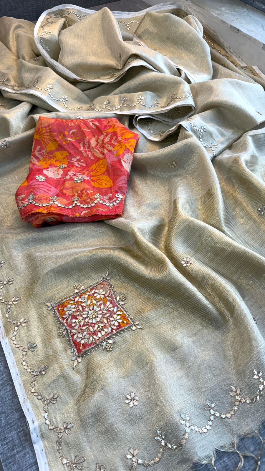 Gotta Patti Zardozi And Pearl On Tissue Linen Silk Banarasi · 60 Artisan Hours of work · The Virasat Edit