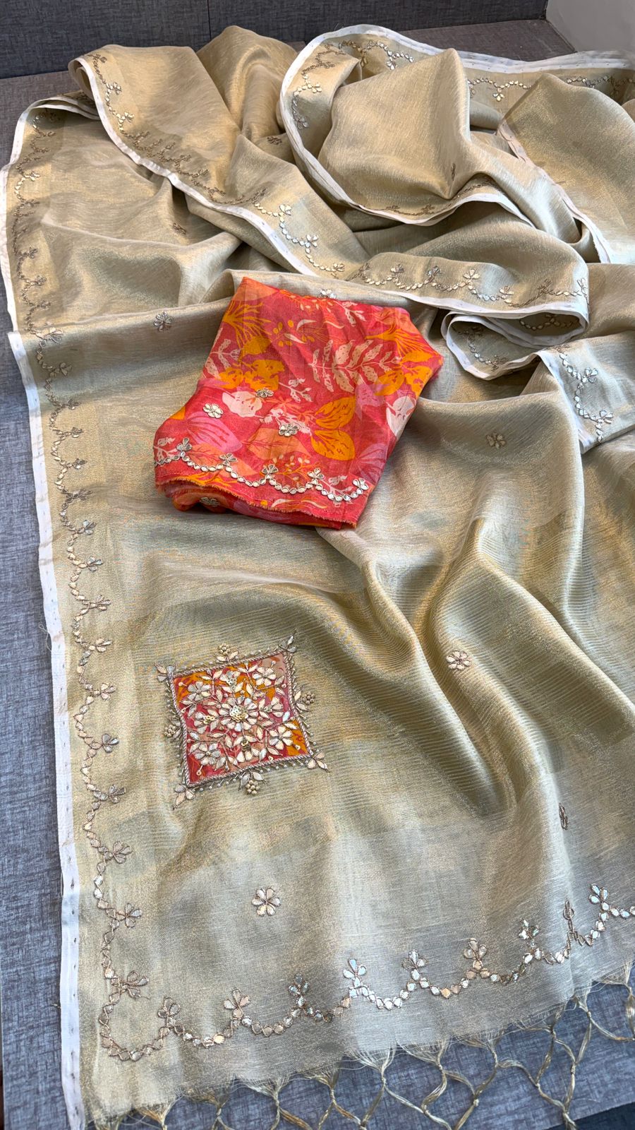 Gotta Patti Zardozi And Pearl On Tissue Linen Silk Banarasi · 60 Artisan Hours of work · The Virasat Edit