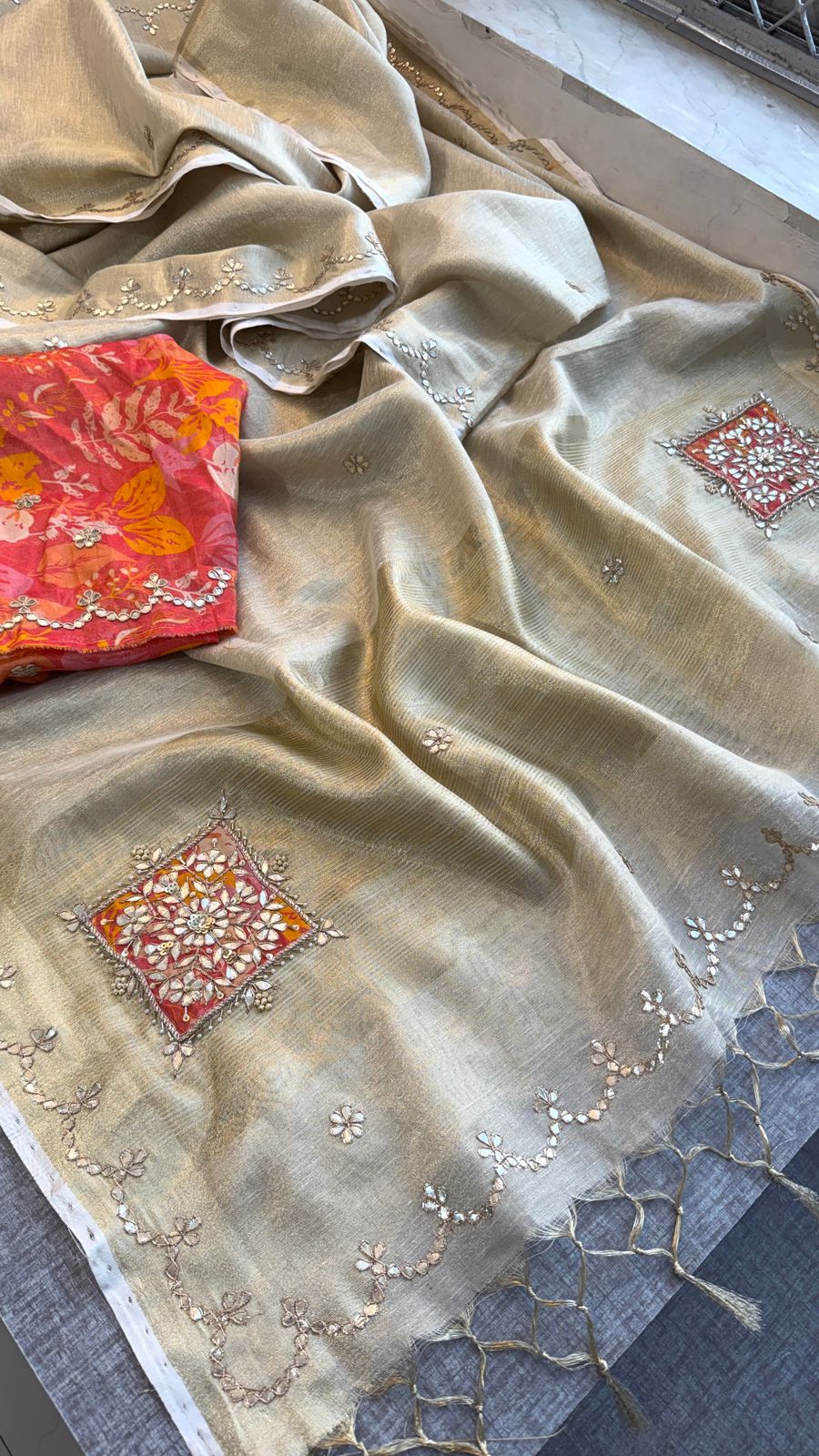 Gotta Patti Zardozi And Pearl On Tissue Linen Silk Banarasi · 60 Artisan Hours of work · The Virasat Edit