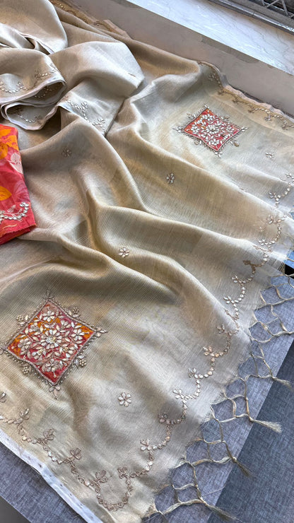 Gotta Patti Zardozi And Pearl On Tissue Linen Silk Banarasi · 60 Artisan Hours of work · The Virasat Edit