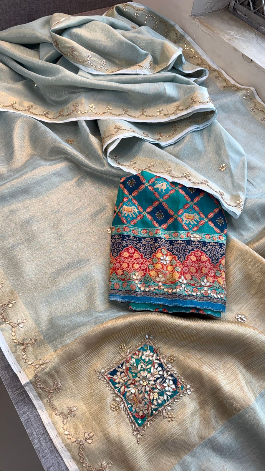 Gotta Patti Zardozi And Pearl On Tissue Linen Silk Banarasi · 60 Artisan Hours of work · The Virasat Edit