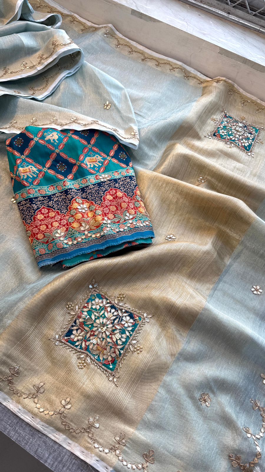Gotta Patti Zardozi And Pearl On Tissue Linen Silk Banarasi · 60 Artisan Hours of work · The Virasat Edit