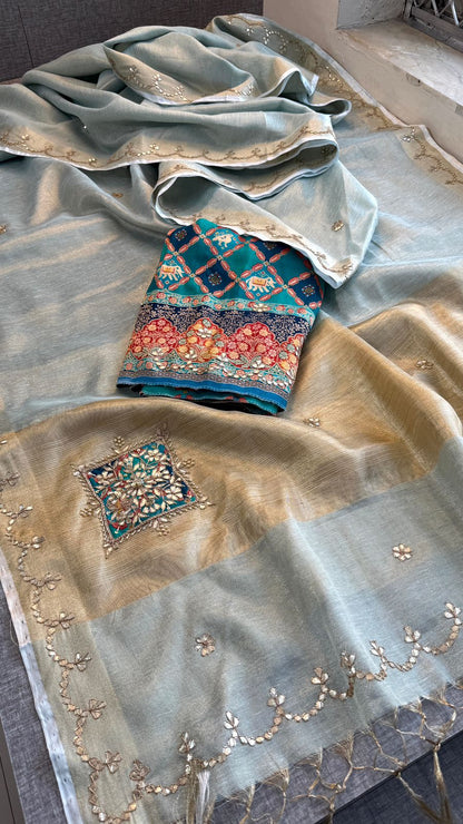 Gotta Patti Zardozi And Pearl On Tissue Linen Silk Banarasi · 60 Artisan Hours of work · The Virasat Edit