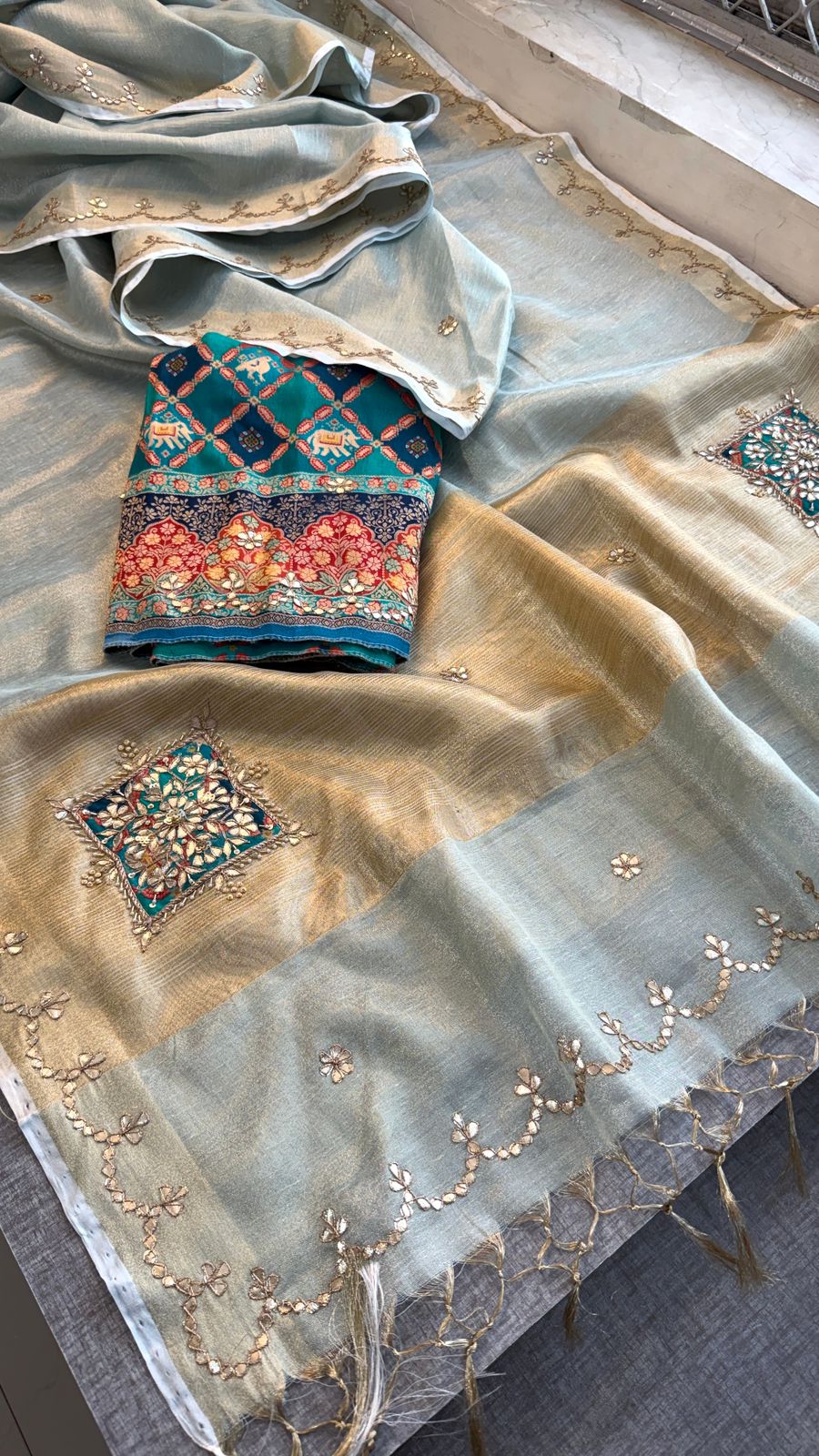 Gotta Patti Zardozi And Pearl On Tissue Linen Silk Banarasi · 60 Artisan Hours of work · The Virasat Edit