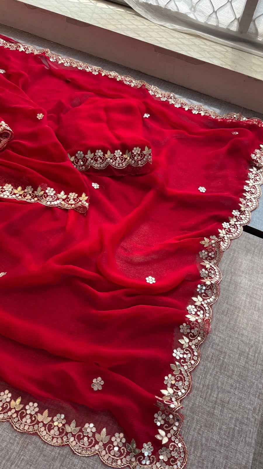 Gotta Patti Kasab And Kutdana On Pure Chiffon · 40 Artisan Hours of work · The Meher Edit