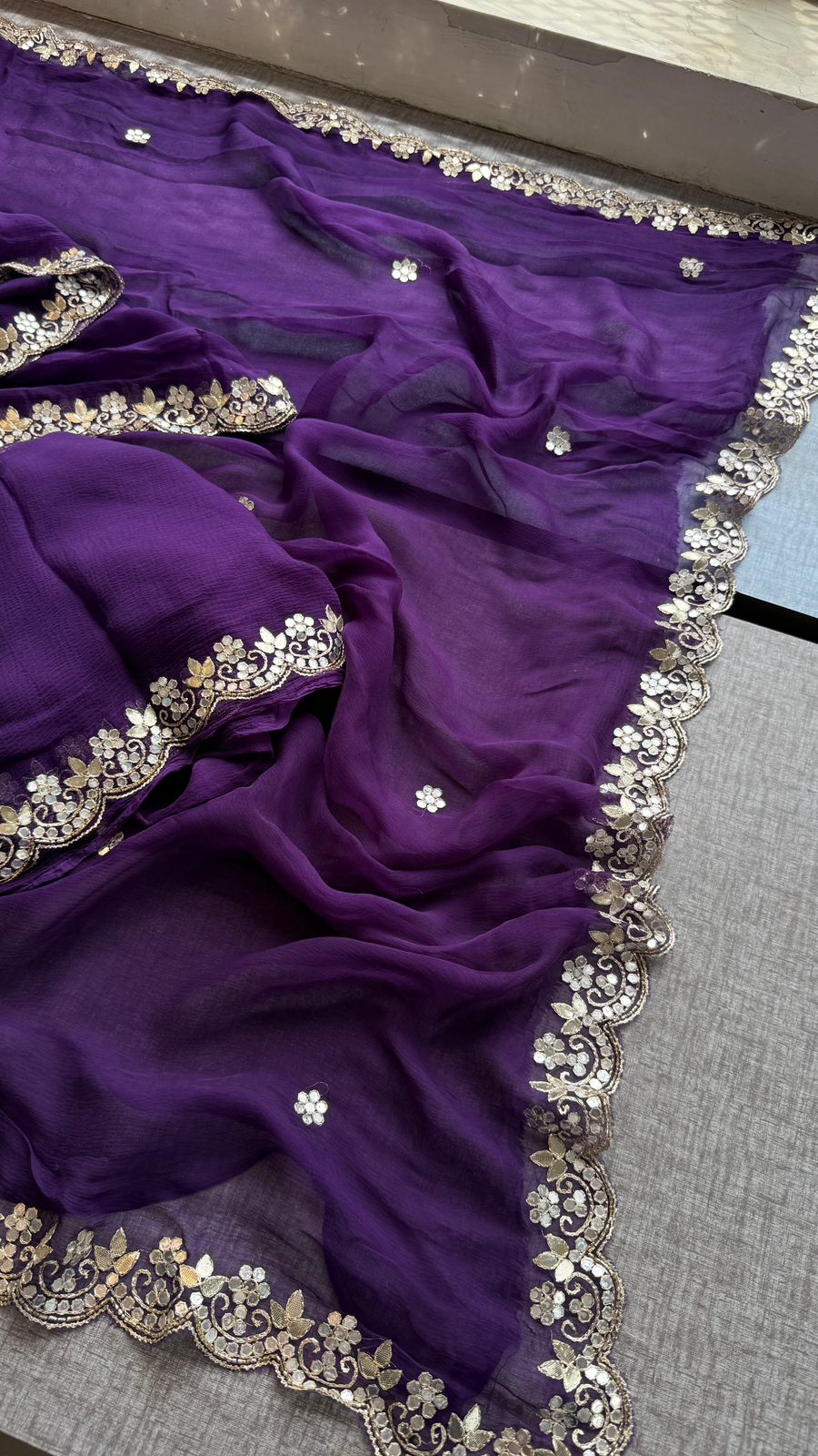 Gotta Patti Kasab And Kutdana On Pure Chiffon · 40 Artisan Hours of work · The Meher Edit
