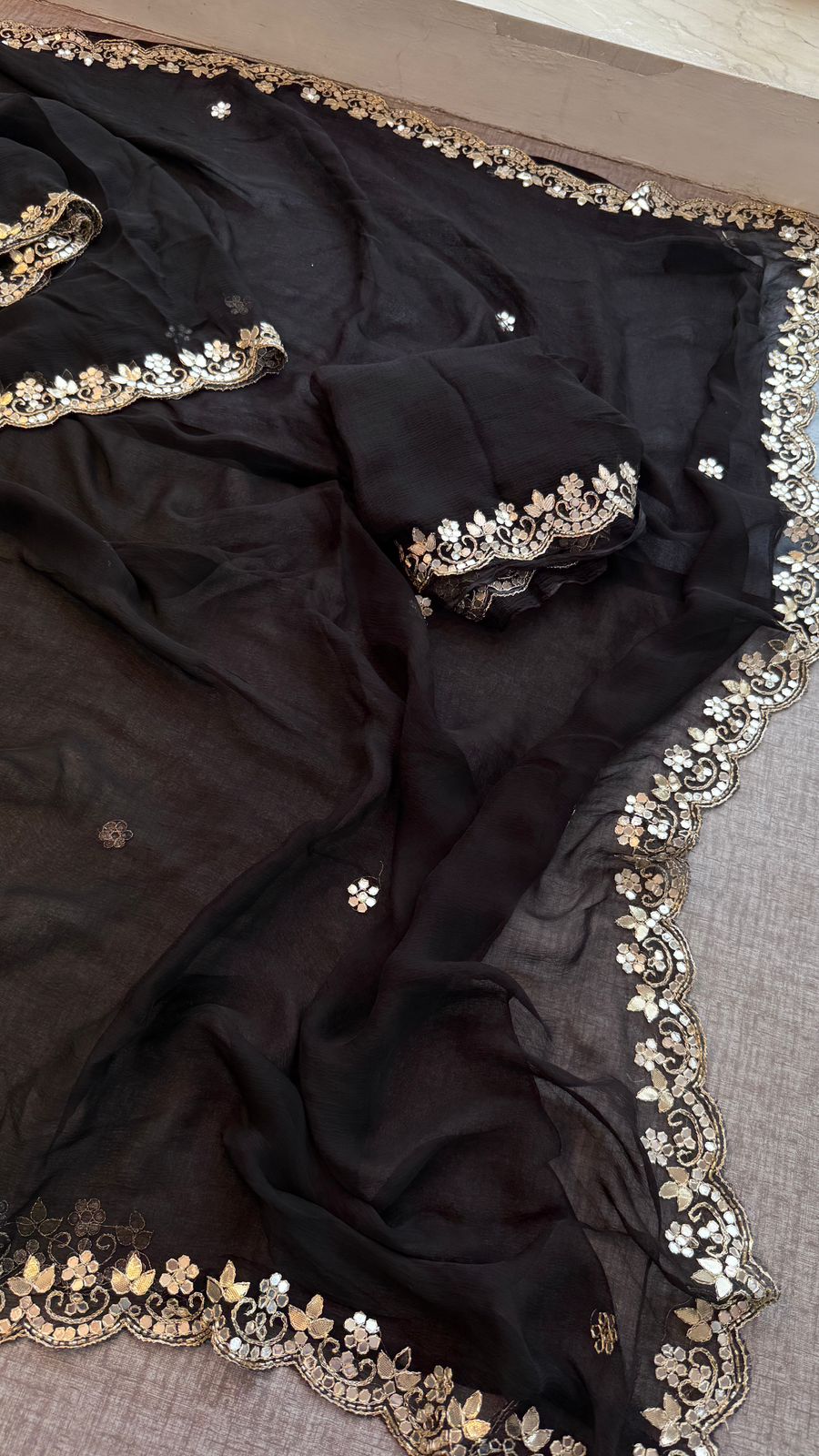 Gotta Patti Kasab And Kutdana On Pure Chiffon · 40 Artisan Hours of work · The Meher Edit
