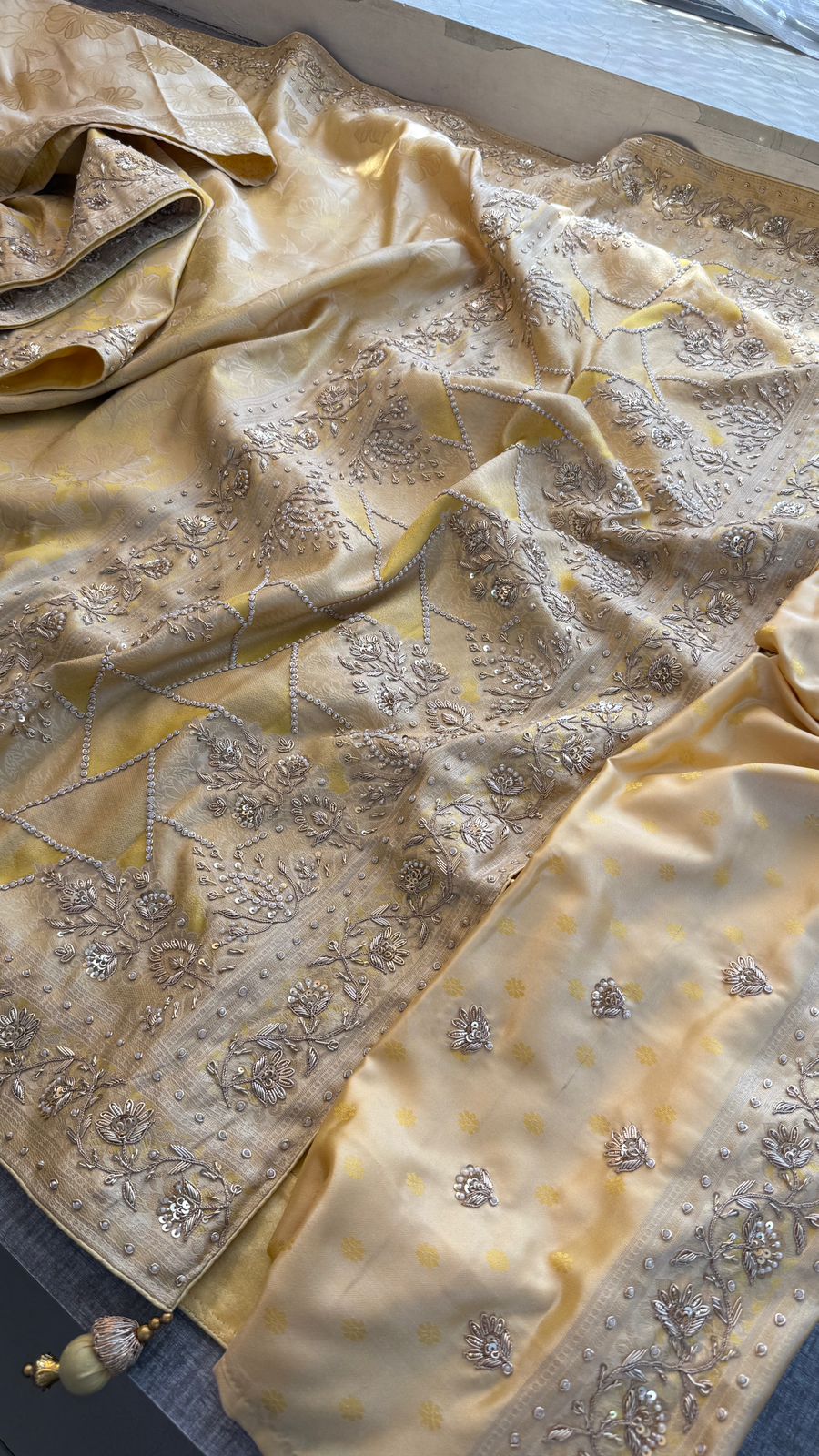 Zardozi Sequins And Pearl On Munga Silk Banarasi · 72 Artisan Hours of work · The Rajnandini Edit