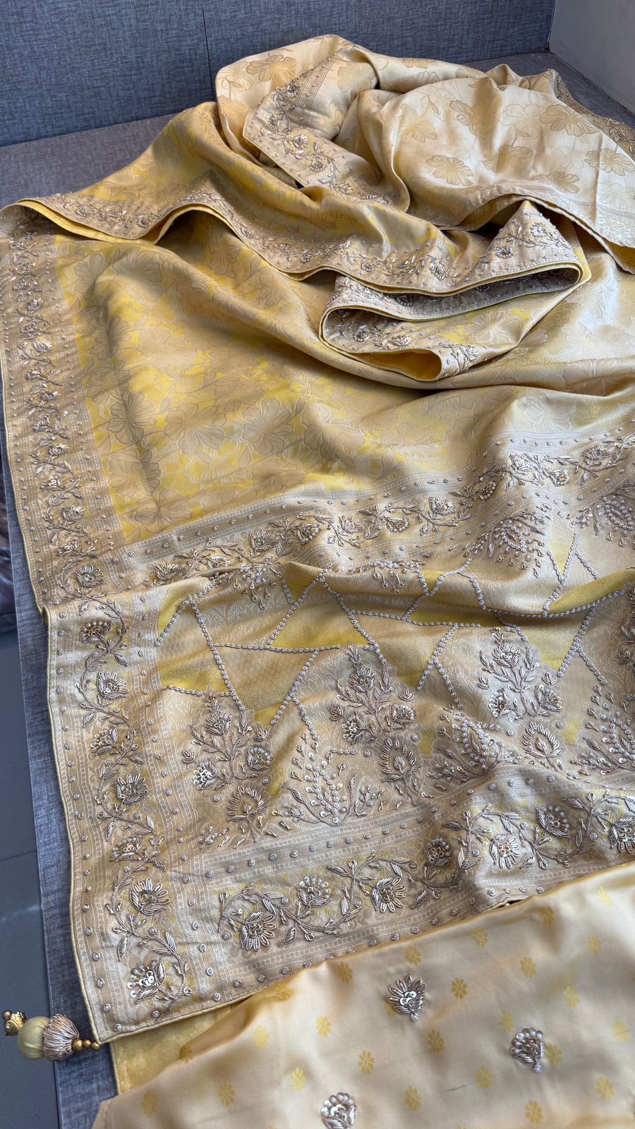 Zardozi Sequins And Pearl On Munga Silk Banarasi · 72 Artisan Hours of work · The Rajnandini Edit