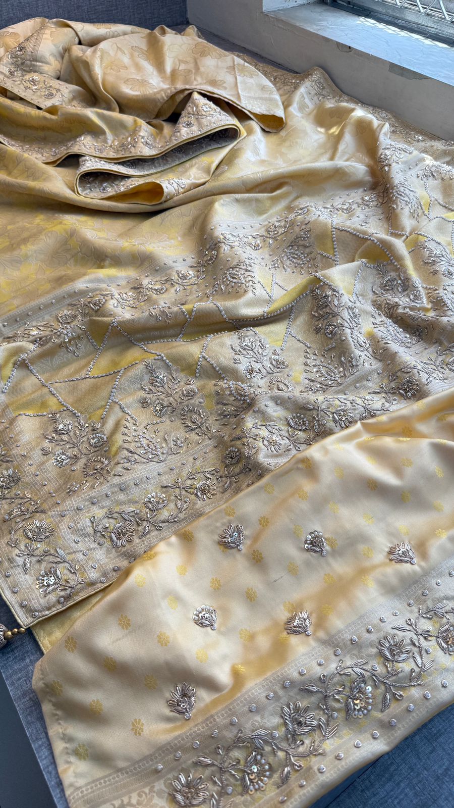 Zardozi Sequins And Pearl On Munga Silk Banarasi · 72 Artisan Hours of work · The Rajnandini Edit