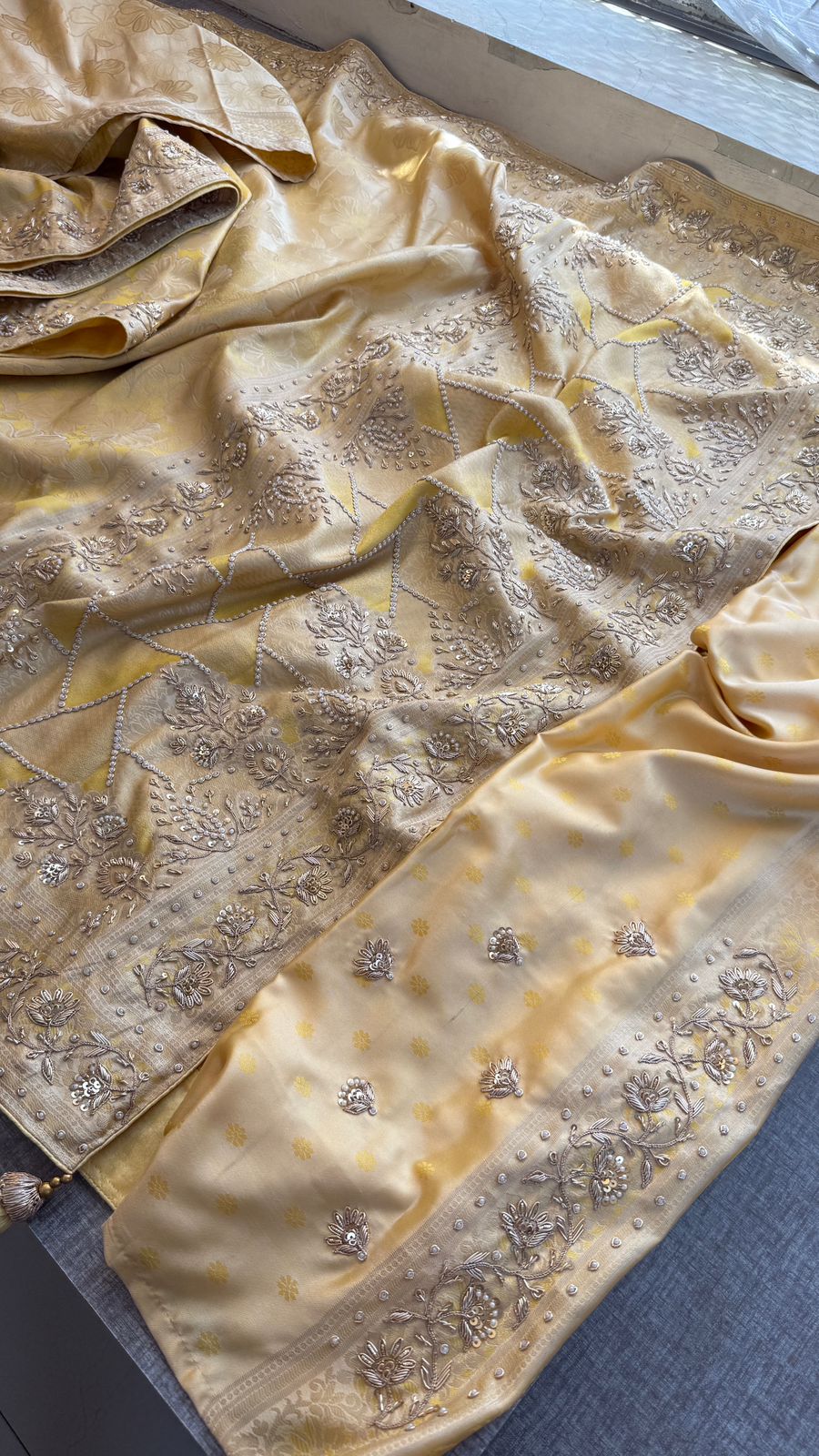 Zardozi Sequins And Pearl On Munga Silk Banarasi · 72 Artisan Hours of work · The Rajnandini Edit