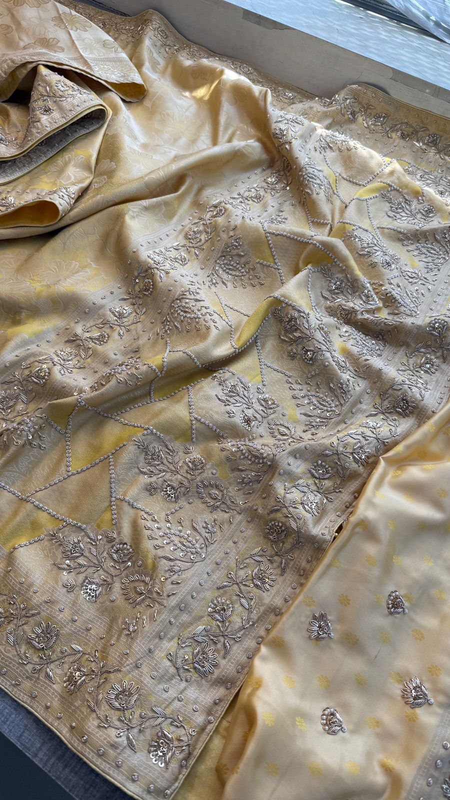 Zardozi Sequins And Pearl On Munga Silk Banarasi · 72 Artisan Hours of work · The Rajnandini Edit