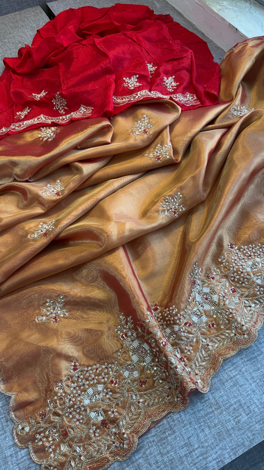 Zardozi Sequins Pearl And Resham On Tissue Silk · 48 Artisan Hours of work · The Chaand Edit