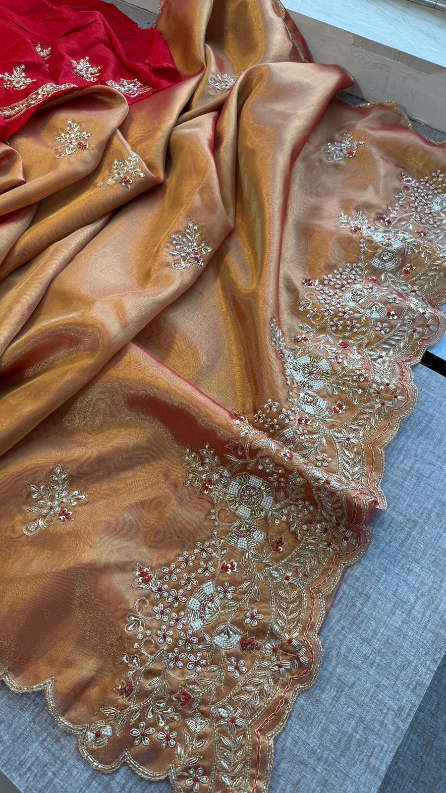 Zardozi Sequins Pearl And Resham On Tissue Silk · 48 Artisan Hours of work · The Chaand Edit