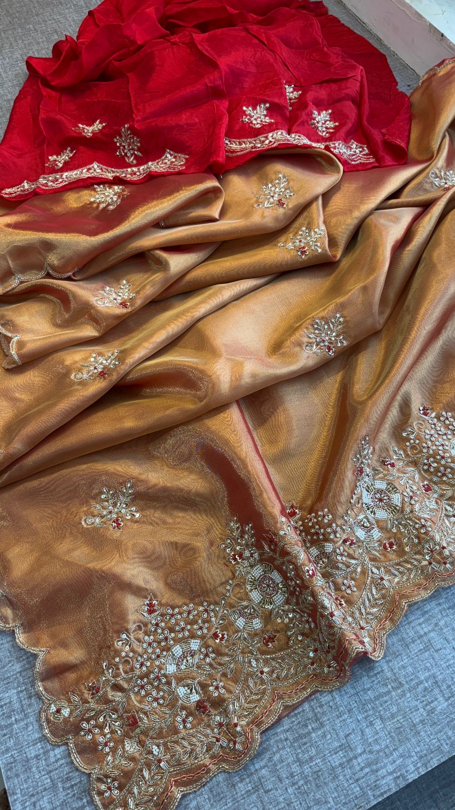 Zardozi Sequins Pearl And Resham On Tissue Silk · 48 Artisan Hours of work · The Chaand Edit