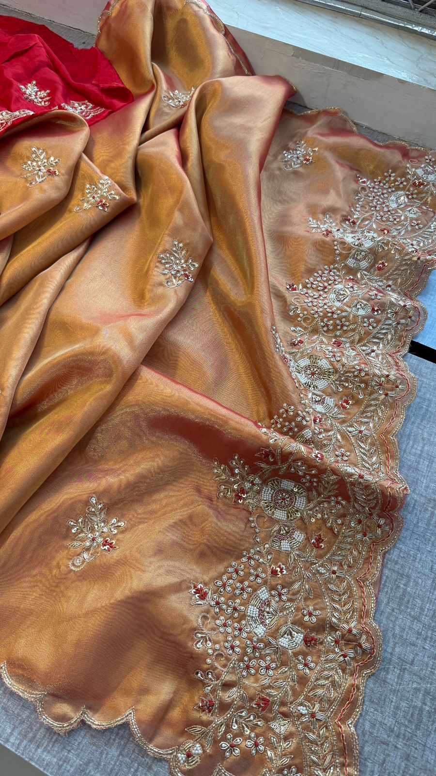 Zardozi Sequins Pearl And Resham On Tissue Silk · 48 Artisan Hours of work · The Chaand Edit