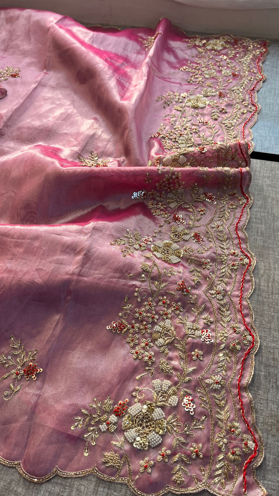 Zardozi Sequins Pearl And Resham On Tissue Silk · 48 Artisan Hours of work · The Chaand Edit