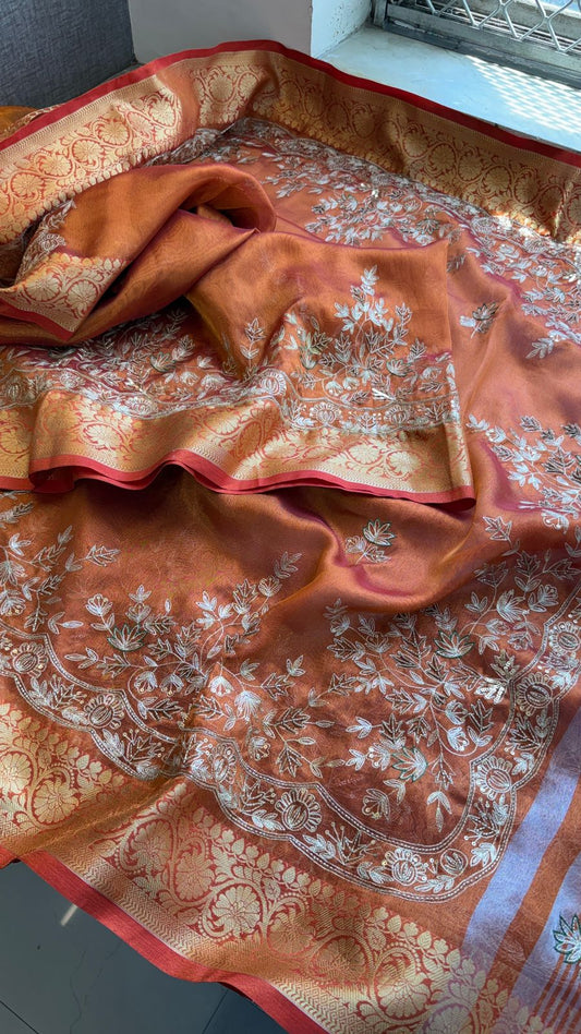 Kutdana Sequins And Resham On Tissue Silk Banarasi · 52 Artisan Hours of work · The Chaandni Edit