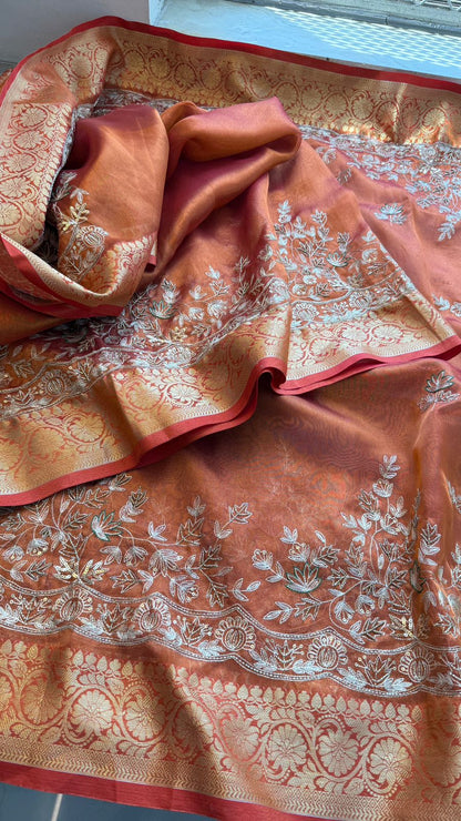 Kutdana Sequins And Resham On Tissue Silk Banarasi · 52 Artisan Hours of work · The Chaandni Edit