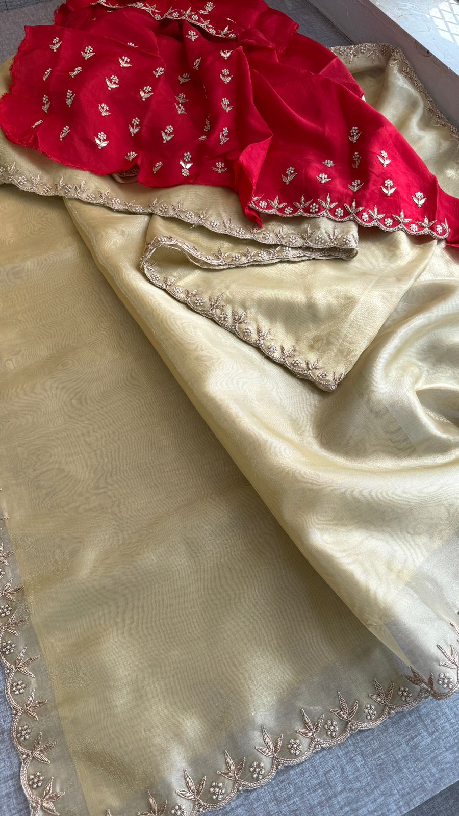 Zardozi Sequins And Pearl On Tissue Silk · 36 Artisan Hours of work · The Noor Edit