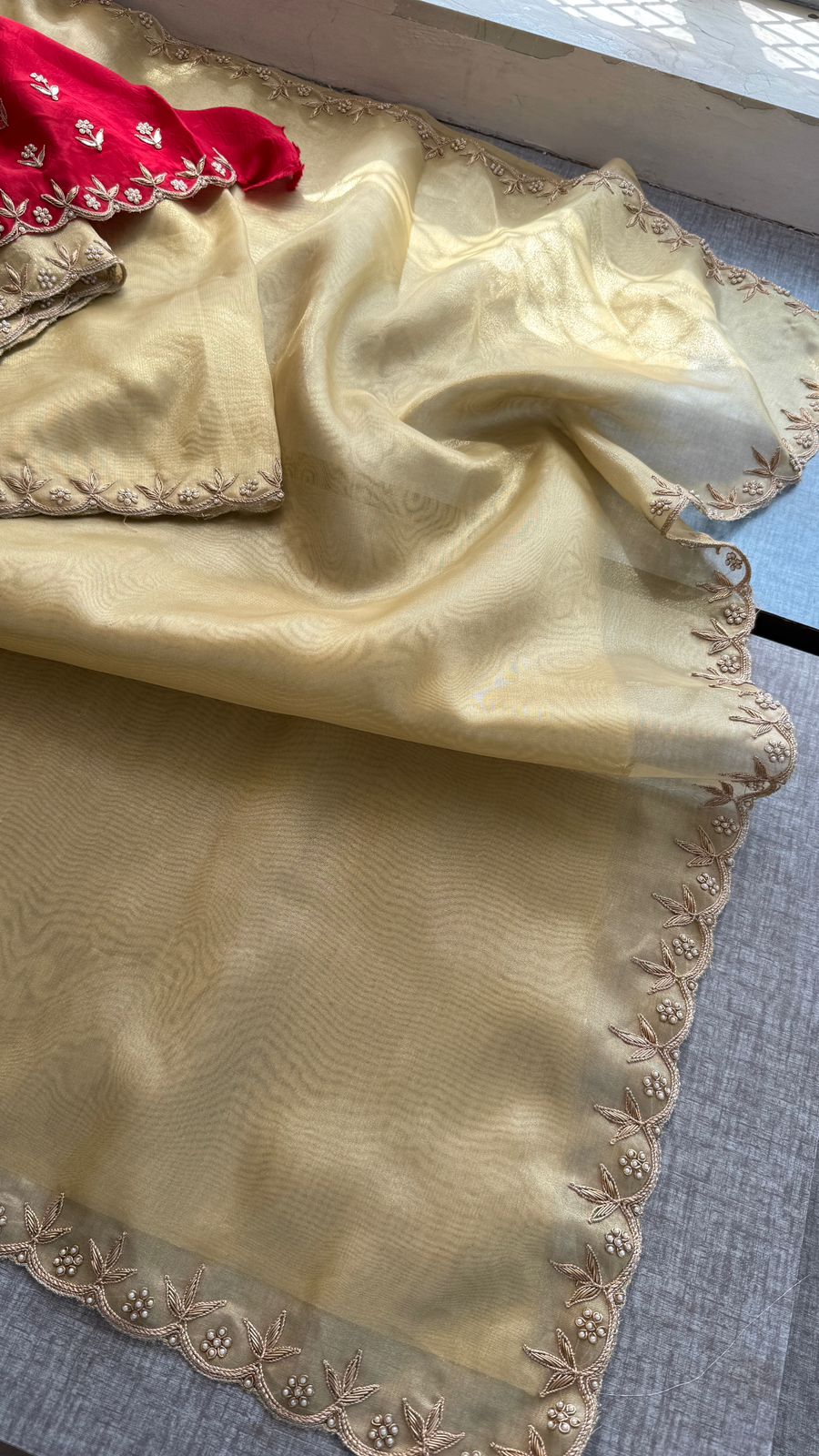 Zardozi Sequins And Pearl On Tissue Silk · 36 Artisan Hours of work · The Noor Edit
