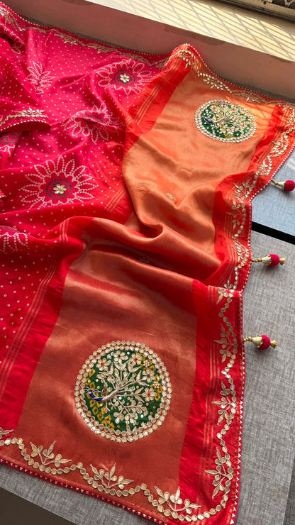 Gotta Patti Zardozi Pearl And Resham On Munga Silk Bandhej · 38 Artisan Hours of work · The Gulbahaar Edit