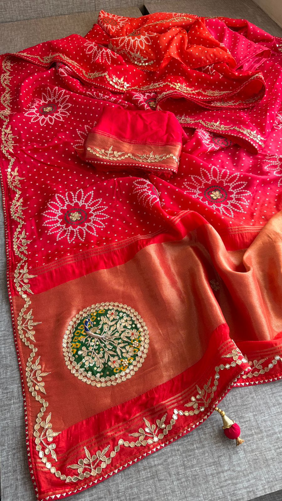Gotta Patti Zardozi Pearl And Resham On Munga Silk Bandhej · 38 Artisan Hours of work · The Gulbahaar Edit