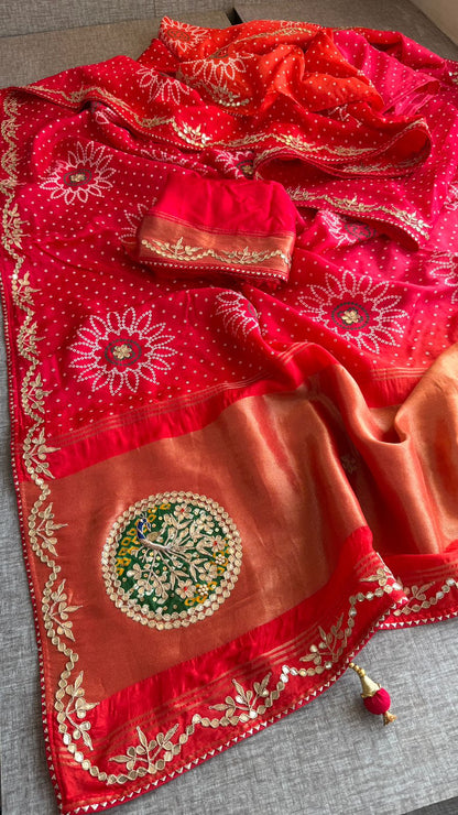 Gotta Patti Zardozi Pearl And Resham On Munga Silk Bandhej · 38 Artisan Hours of work · The Gulbahaar Edit
