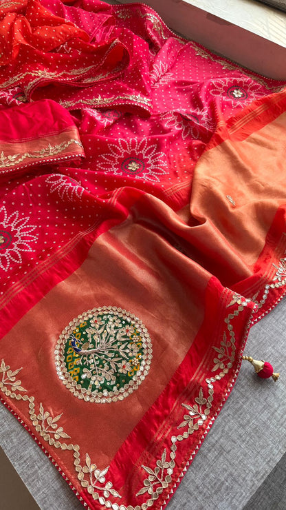 Gotta Patti Zardozi Pearl And Resham On Munga Silk Bandhej · 38 Artisan Hours of work · The Gulbahaar Edit