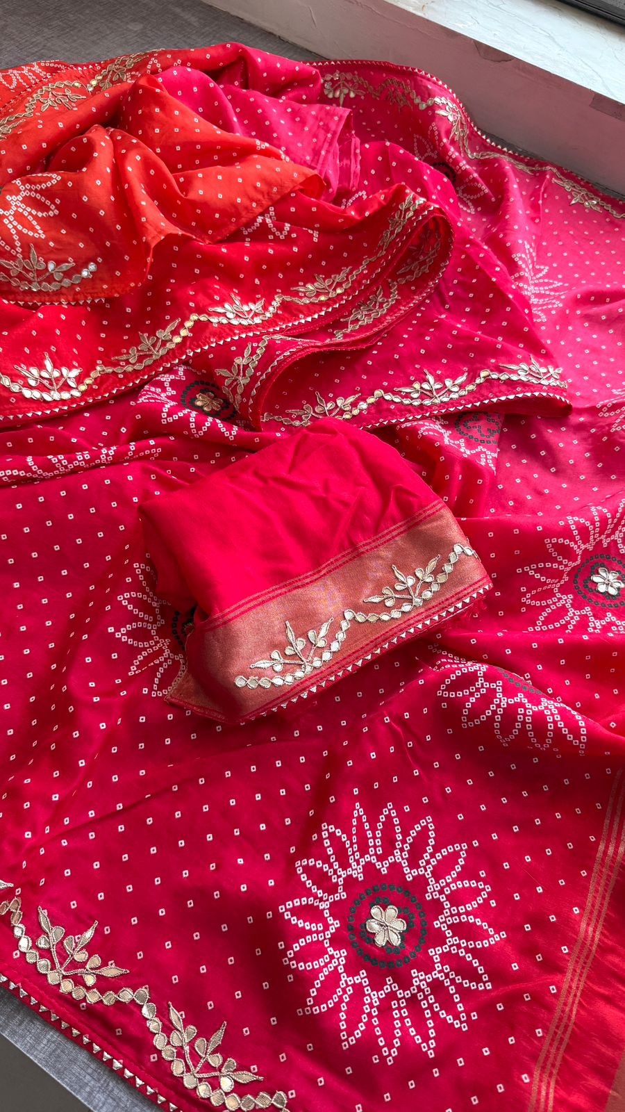 Gotta Patti Zardozi Pearl And Resham On Munga Silk Bandhej · 38 Artisan Hours of work · The Gulbahaar Edit