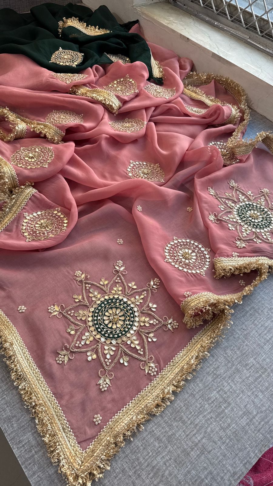 Zardozi Pearl And Gotta Patti On Organza Silk · 32 Artisan Hours of work · The Rooh Edit