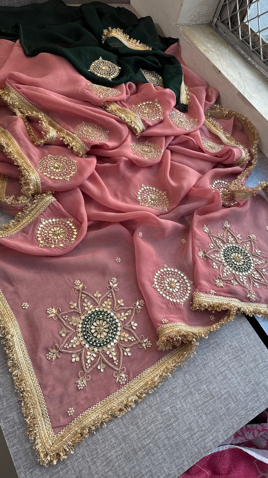 Zardozi Pearl And Gotta Patti On Organza Silk · 32 Artisan Hours of work · The Rooh Edit