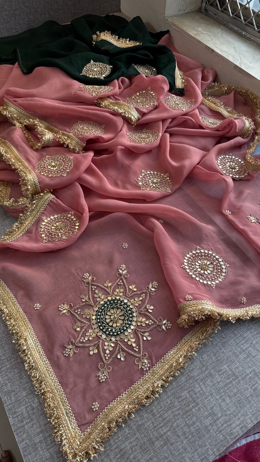 Zardozi Pearl And Gotta Patti On Organza Silk · 32 Artisan Hours of work · The Rooh Edit