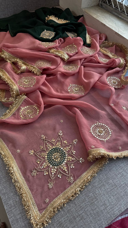 Zardozi Pearl And Gotta Patti On Organza Silk · 32 Artisan Hours of work · The Rooh Edit