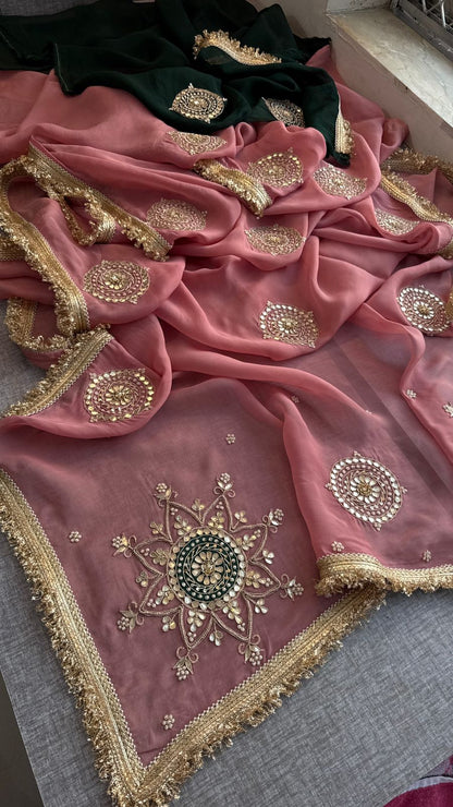 Zardozi Pearl And Gotta Patti On Organza Silk · 32 Artisan Hours of work · The Rooh Edit