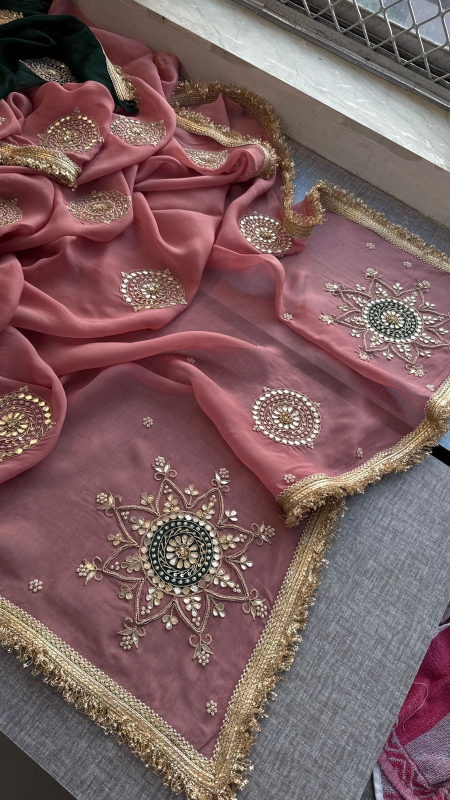 Zardozi Pearl And Gotta Patti On Organza Silk · 32 Artisan Hours of work · The Rooh Edit