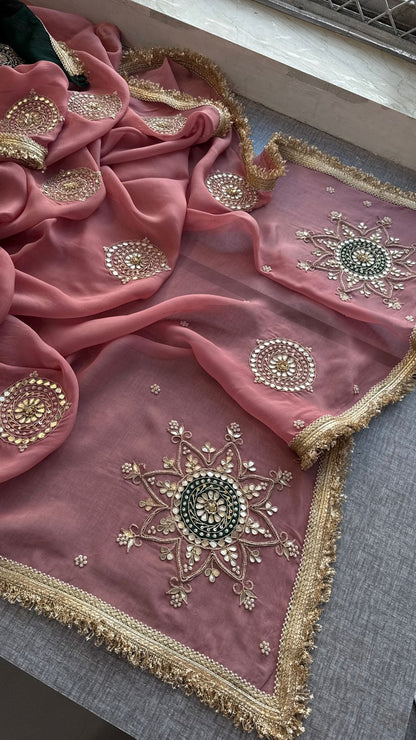 Zardozi Pearl And Gotta Patti On Organza Silk · 32 Artisan Hours of work · The Rooh Edit