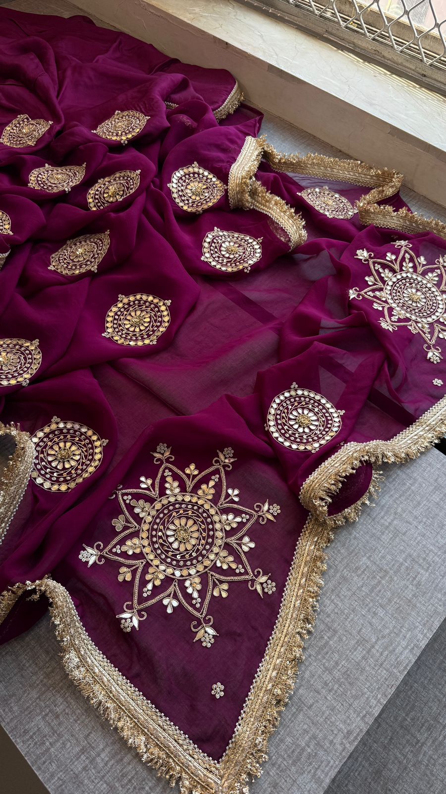 Zardozi Pearl And Gotta Patti On Organza Silk · 32 Artisan Hours of work · The Rooh Edit