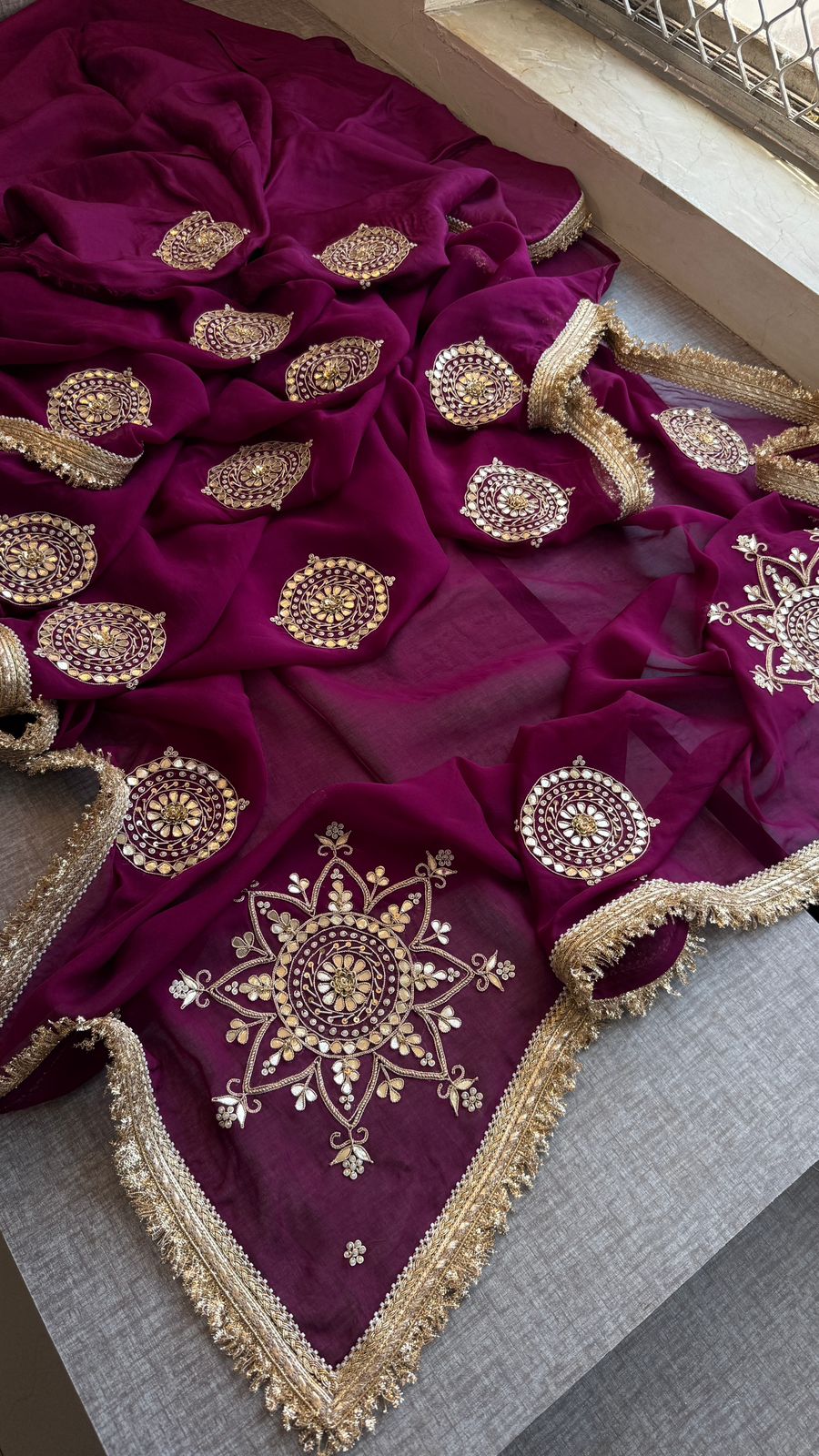 Zardozi Pearl And Gotta Patti On Organza Silk · 32 Artisan Hours of work · The Rooh Edit