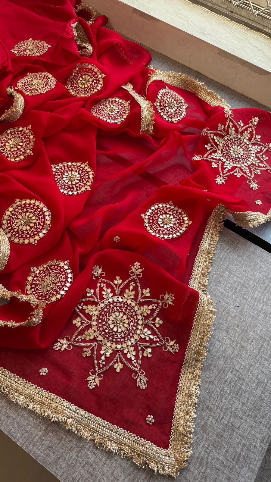 Zardozi Pearl And Gotta Patti On Organza Silk · 32 Artisan Hours of work · The Rooh Edit