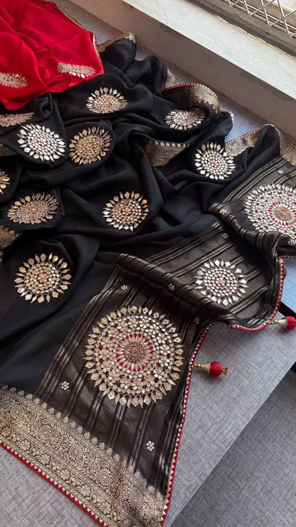 Zardozi Pearl And Gotta Patti On Munga Silk Banarasi · 34 Artisan Hours of work · The Jashn-e- Edit