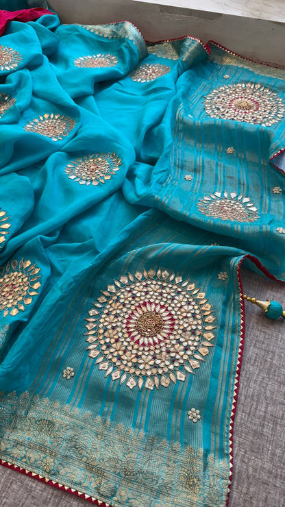 Zardozi Pearl And Gotta Patti On Munga Silk Banarasi · 34 Artisan Hours of work · The Jashn-e- Edit