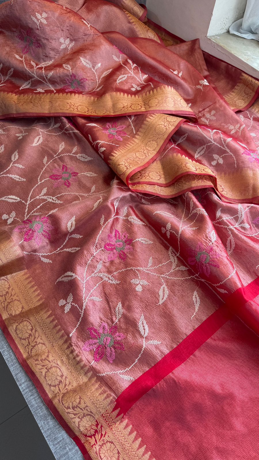Multi-Thread Embroidery On Tissue Silk Banarasi · 18 Artisan Hours of work · The Rangriti Edit