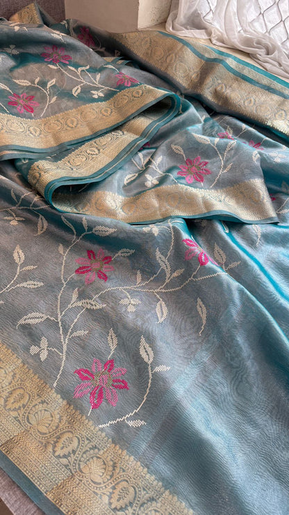 Multi-Thread Embroidery On Tissue Silk Banarasi · 18 Artisan Hours of work · The Rangriti Edit